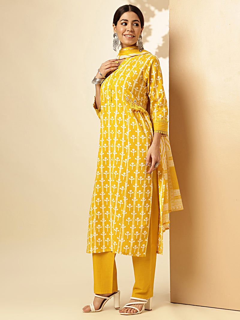 Mustard Printed Straight Cotton Stitched Kurta Set