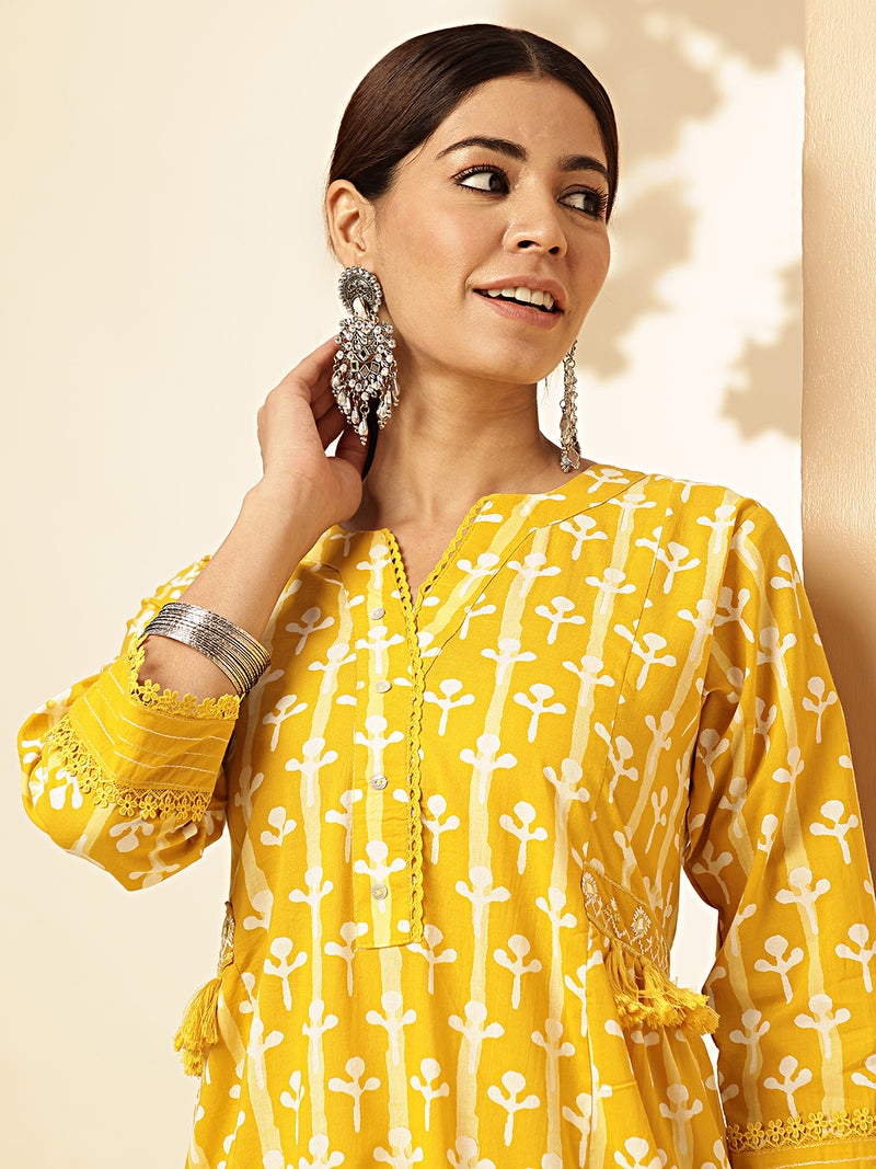 Mustard Printed Straight Cotton Stitched Kurta Set