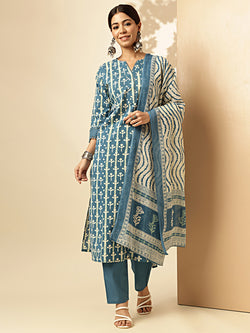 Teal Blue Printed Straight Cotton Stitched Kurta Set