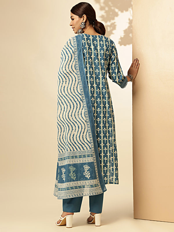 Printed Straight Cotton Teal Blue Stiched Kurta Pant With Dupatta 