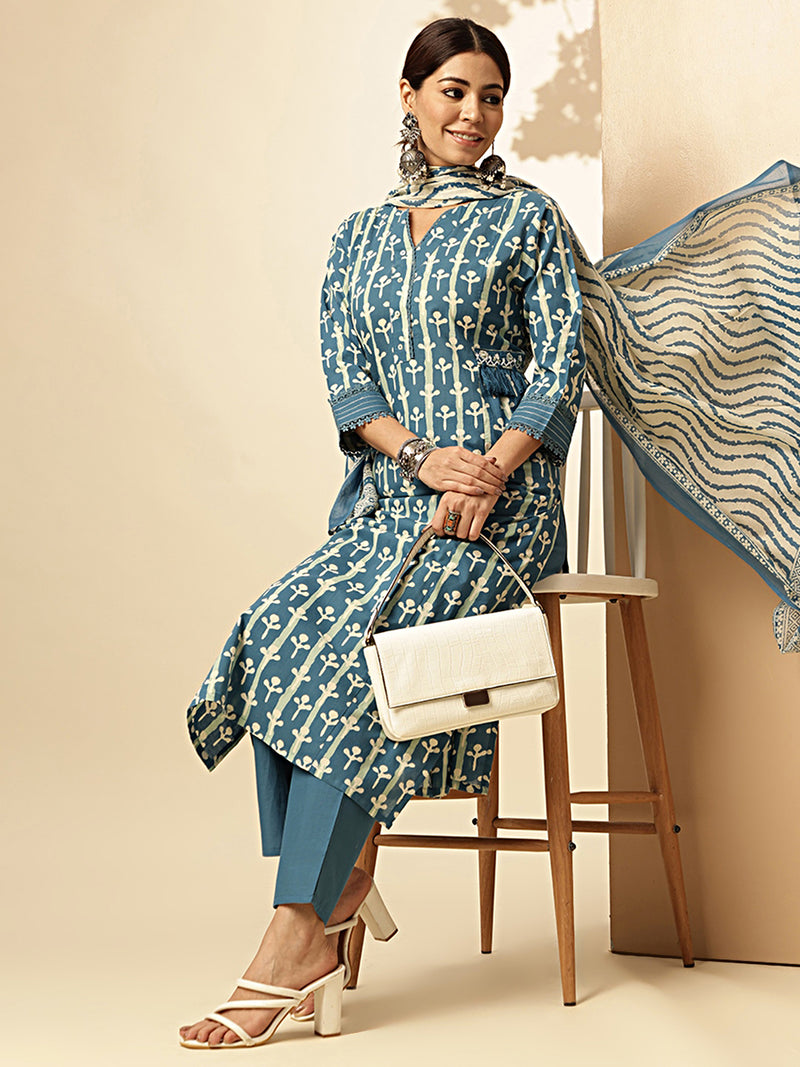 Teal Blue Printed Straight Cotton Stitched Kurta Set