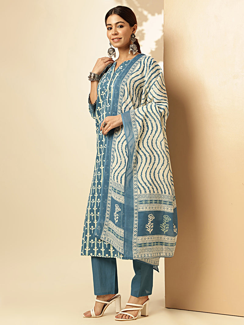 Teal Blue Printed Straight Cotton Stitched Kurta Set