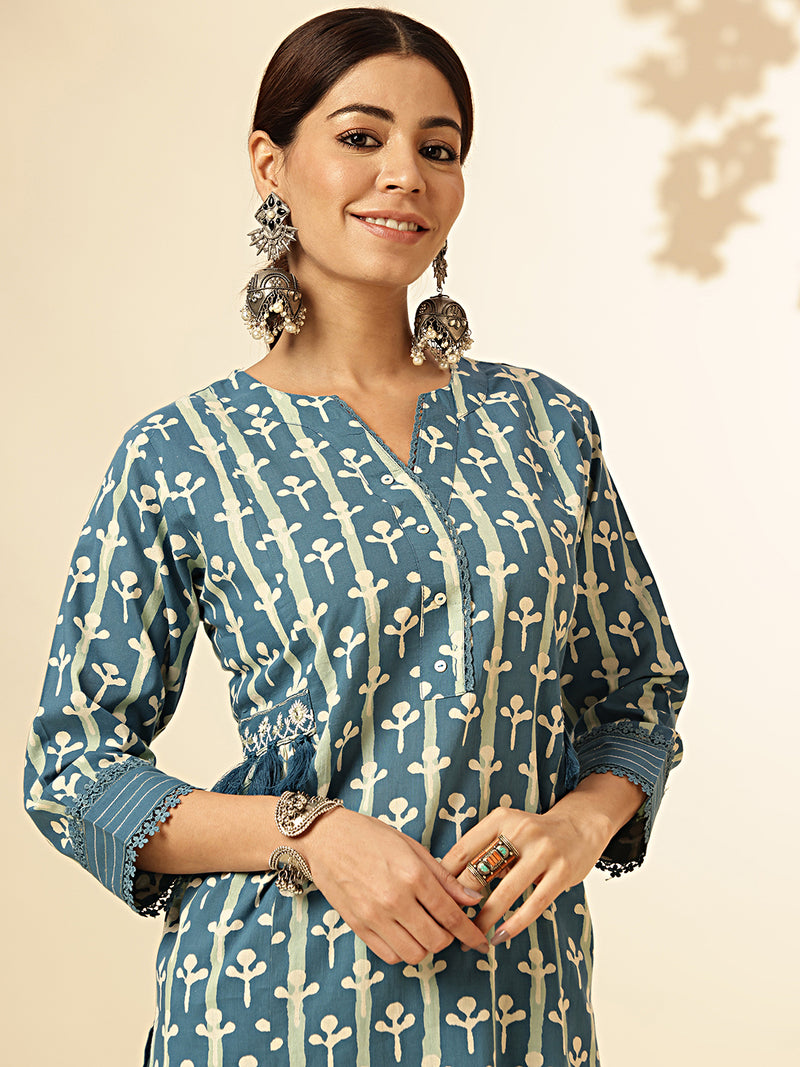 Teal Blue Printed Straight Cotton Stitched Kurta Set