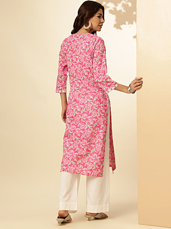 Pink Floral Print Straight Cotton Stitched Kurta