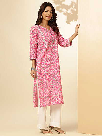 Pink Floral Print Straight Cotton Stitched Kurta