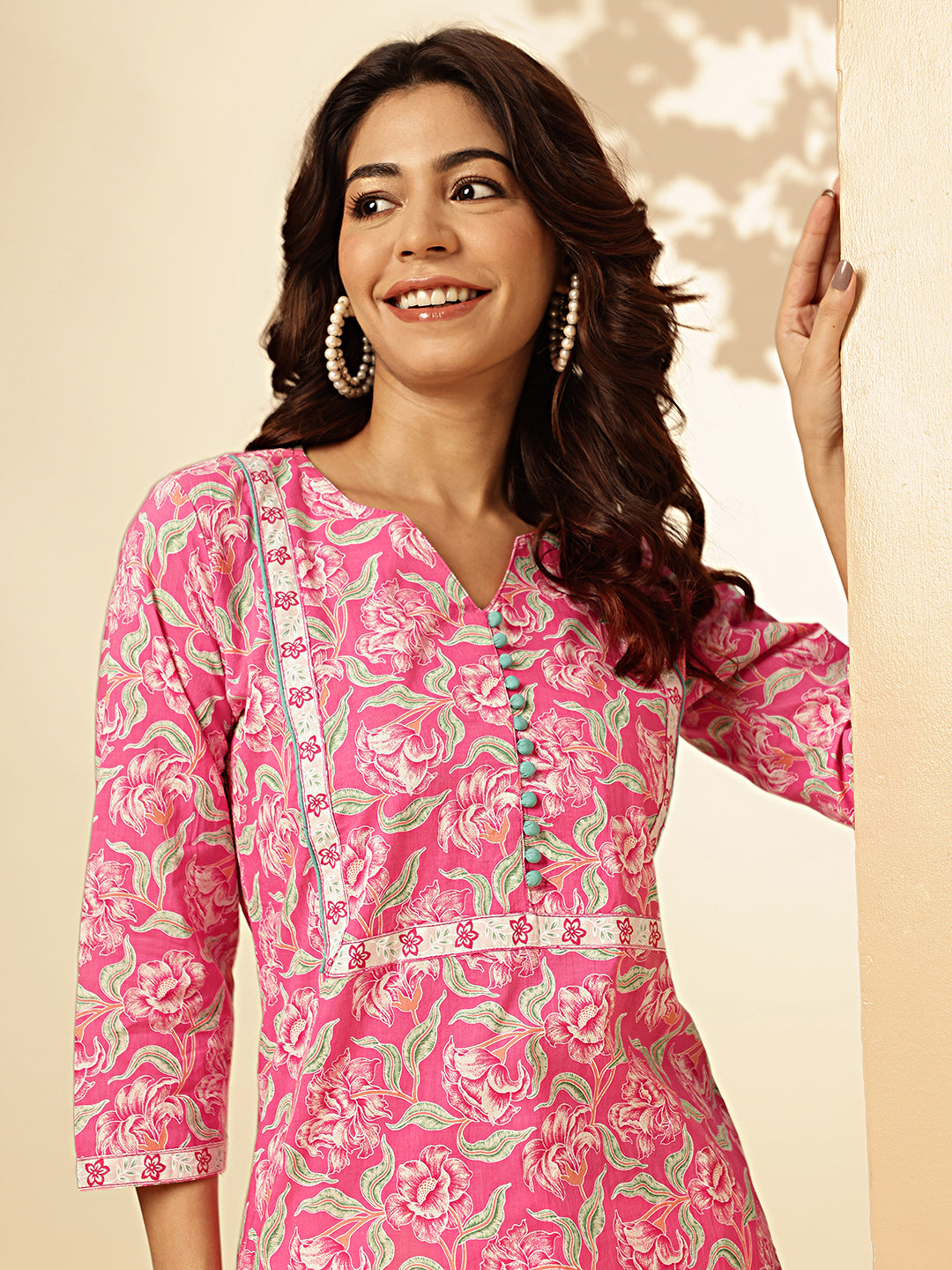 Pink Floral Print Straight Cotton Stitched Kurta