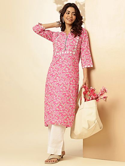 Pink Floral Print Straight Cotton Stitched Kurta