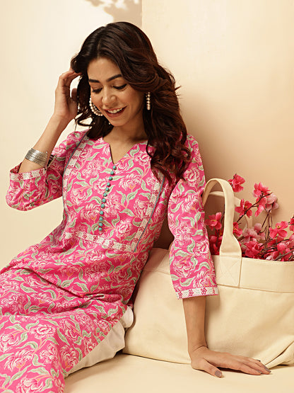 Pink Floral Print Straight Cotton Stitched Kurta