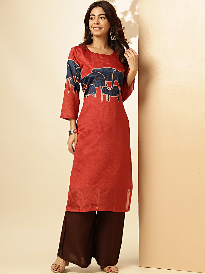 Red Animal Print Straight Chinon Stitched Kurta