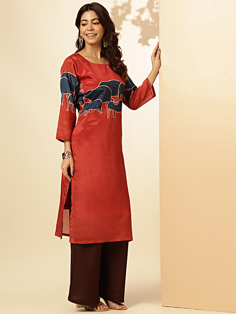 Red Animal Print Straight Chinon Stitched Kurta