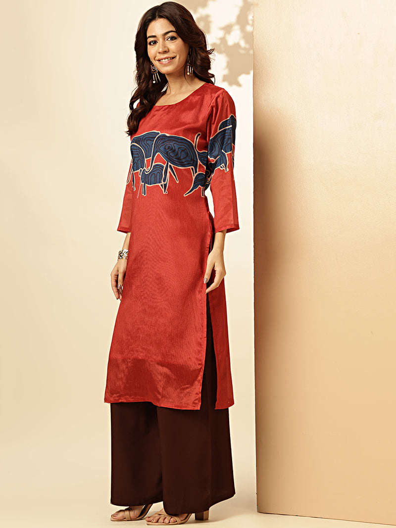 Red Animal Print Straight Chinon Stitched Kurta