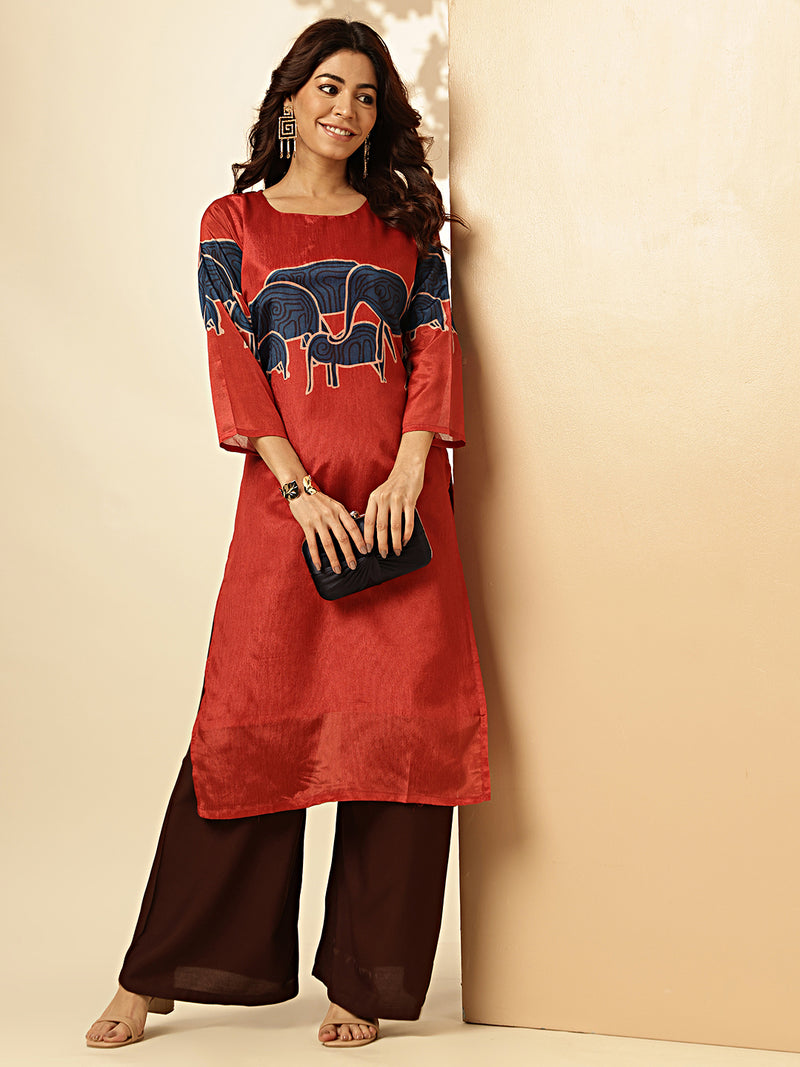 Red Animal Print Straight Chinon Stitched Kurta