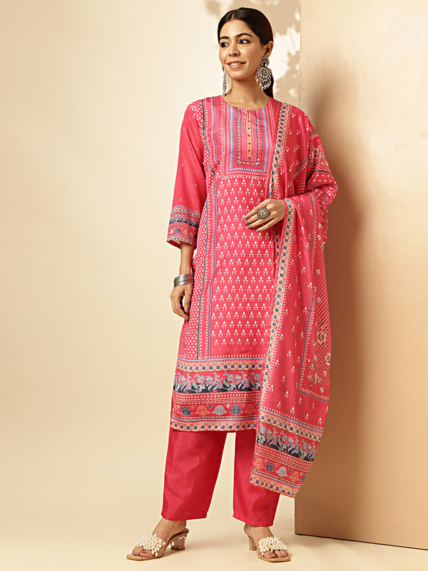 Geomatric Print With Sequence Work With Hand Work Straight Chinon Dark Pink Stiched Kurta Pant With Dupatta 