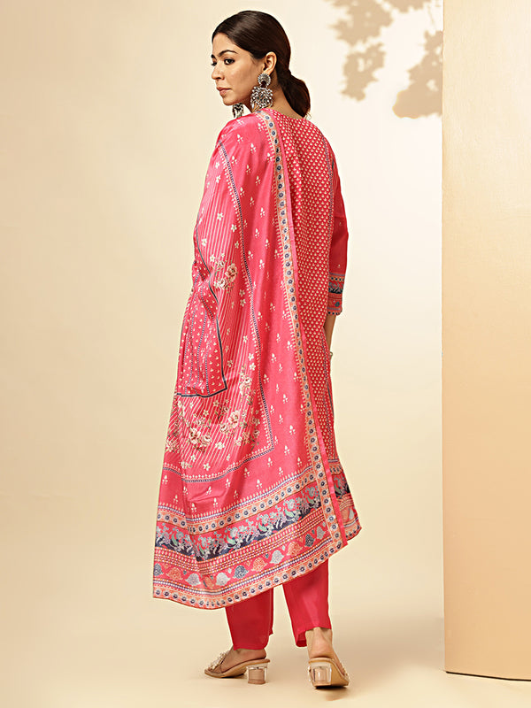 Geomatric Print With Sequence Work With Hand Work Straight Chinon Dark Pink Stiched Kurta Pant With Dupatta 