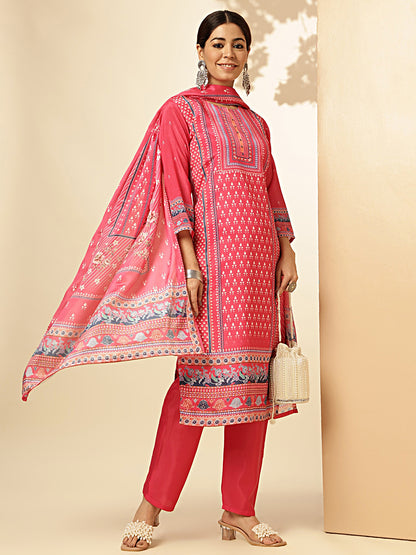 Geometric Print Straight Chinon Dark Pink Stitched Kurta Set