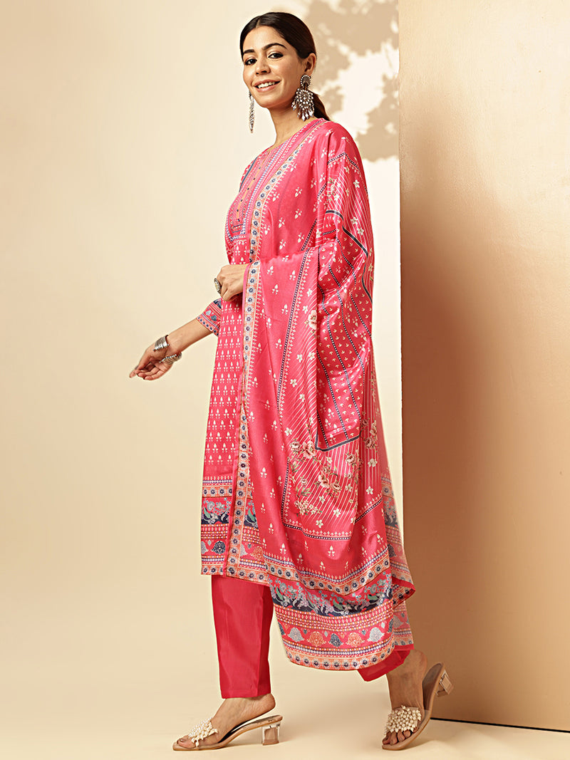 Geometric Print Straight Chinon Dark Pink Stitched Kurta Set