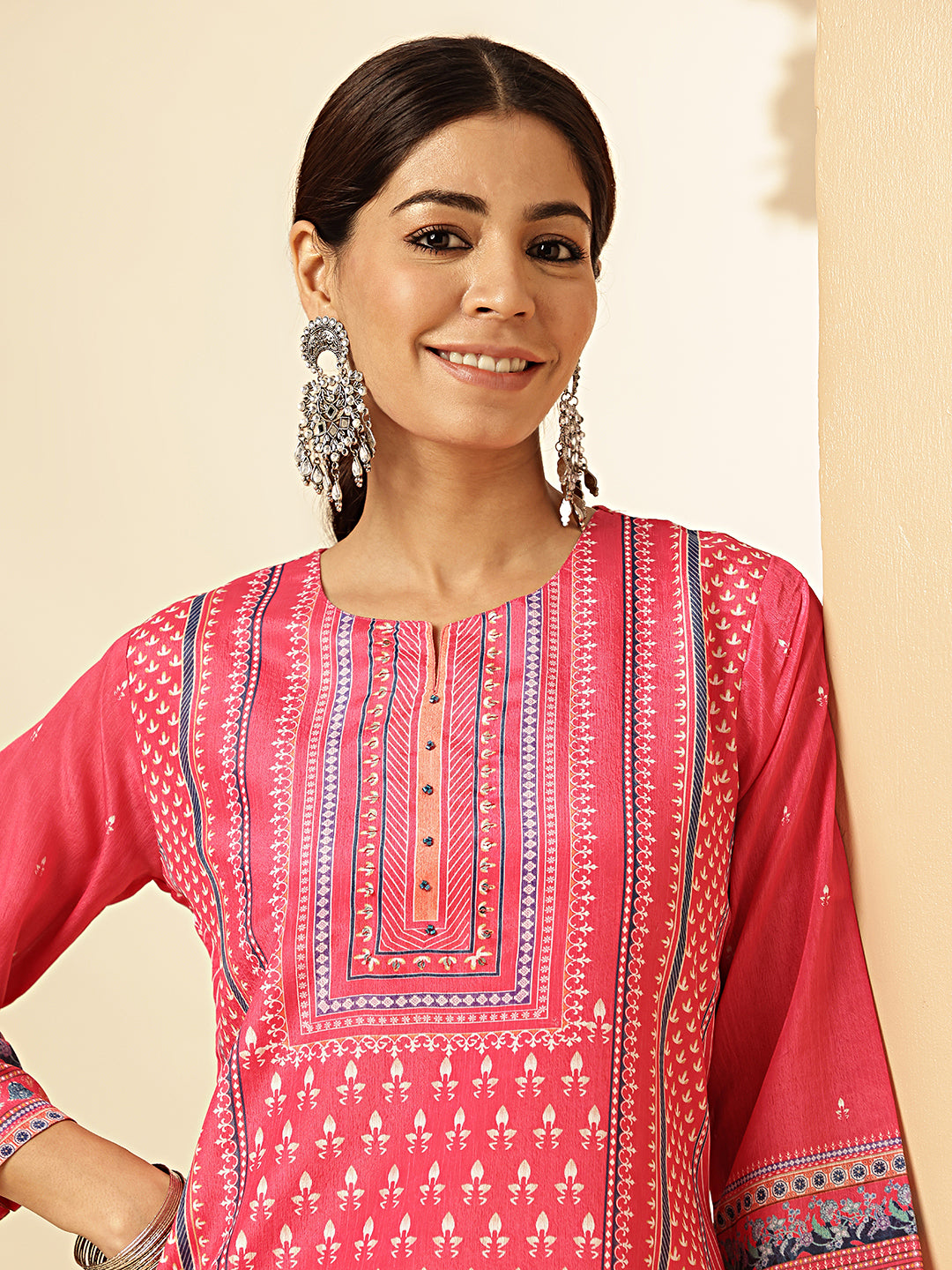 Geometric Print Straight Chinon Dark Pink Stitched Kurta Set