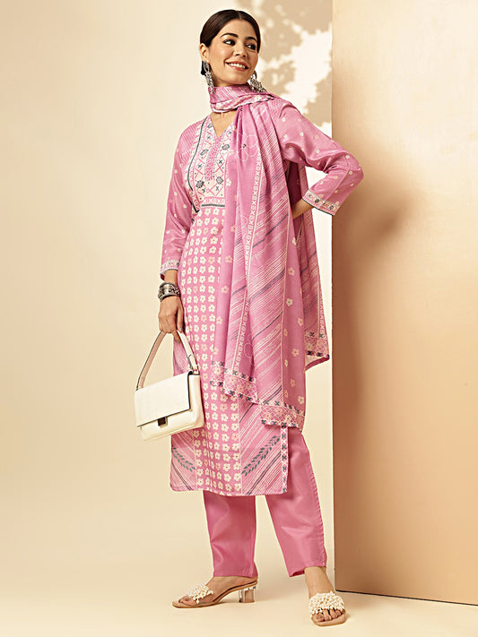 Baby Pink Geometric Print Straight Chinon Stitched Kurta Set