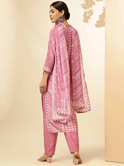 Baby Pink Geometric Print Straight Chinon Stitched Kurta Set