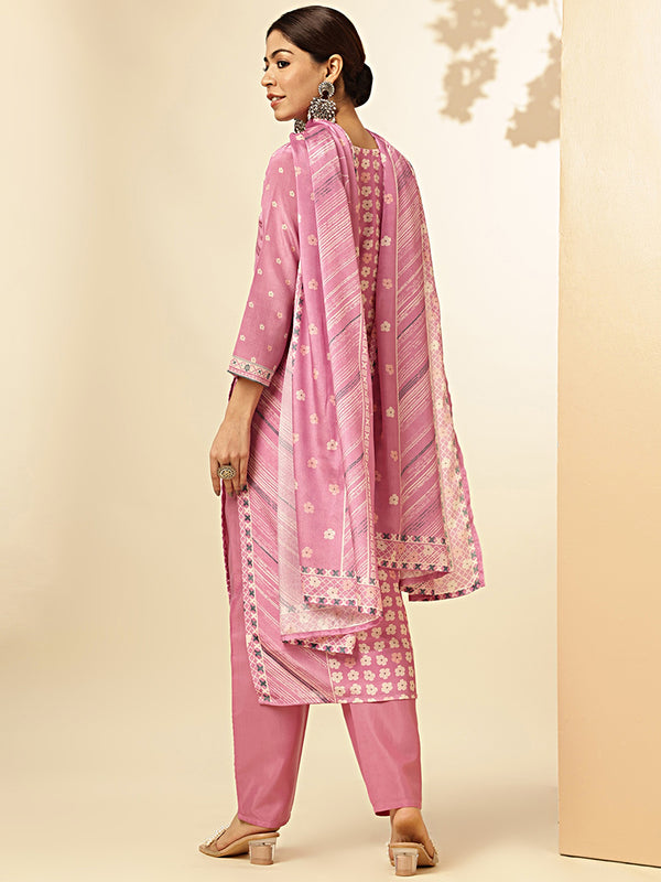 Geomatric Print With Sequence Work With Hand Work Straight Chinon Baby Pink Stiched Kurta Pant With Dupatta 