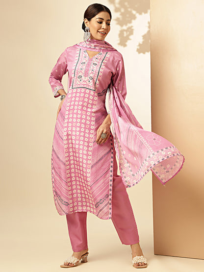 Baby Pink Geometric Print Straight Chinon Stitched Kurta Set