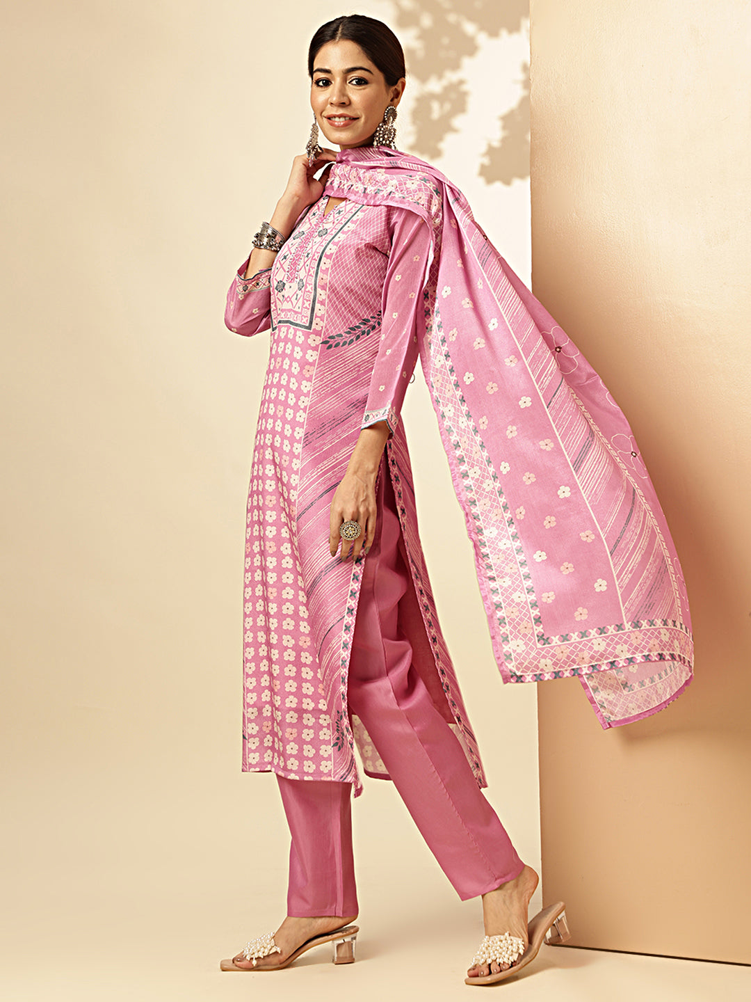 Baby Pink Geometric Print Straight Chinon Stitched Kurta Set