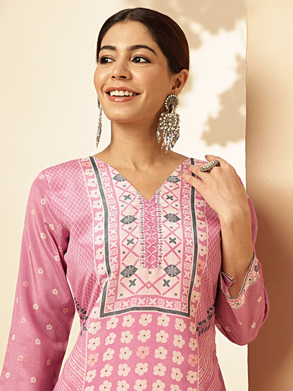 Baby Pink Geometric Print Straight Chinon Stitched Kurta Set