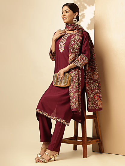 Wine Solid With Embroidered Straight Roman Silk Stitched Kurta set