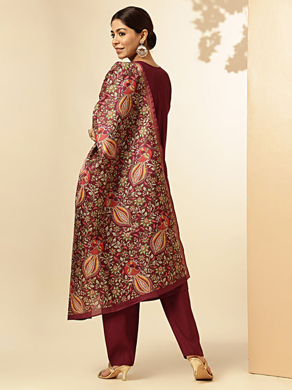 Wine Solid With Embroidered Straight Roman Silk Stitched Kurta set