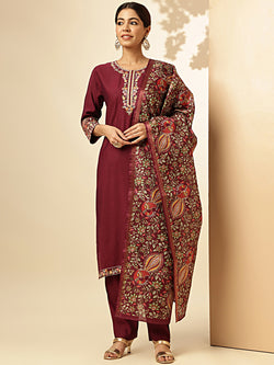 Wine Solid With Embroidered Straight Roman Silk Stitched Kurta set