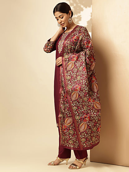 Wine Solid With Embroidered Straight Roman Silk Stitched Kurta set