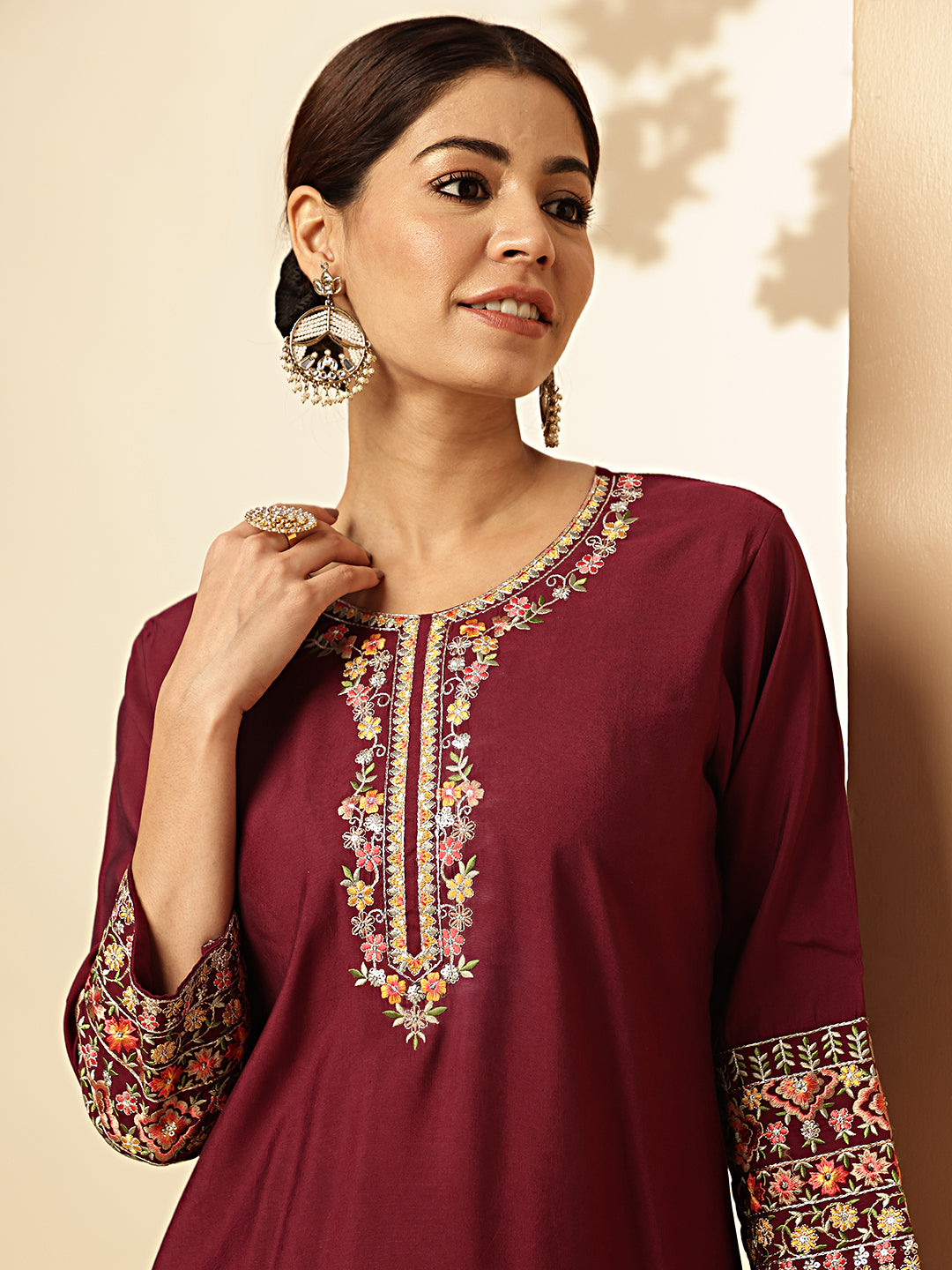 Wine Solid With Embroidered Straight Roman Silk Stitched Kurta set