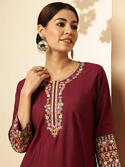 Wine Solid With Embroidered Straight Roman Silk Stitched Kurta set