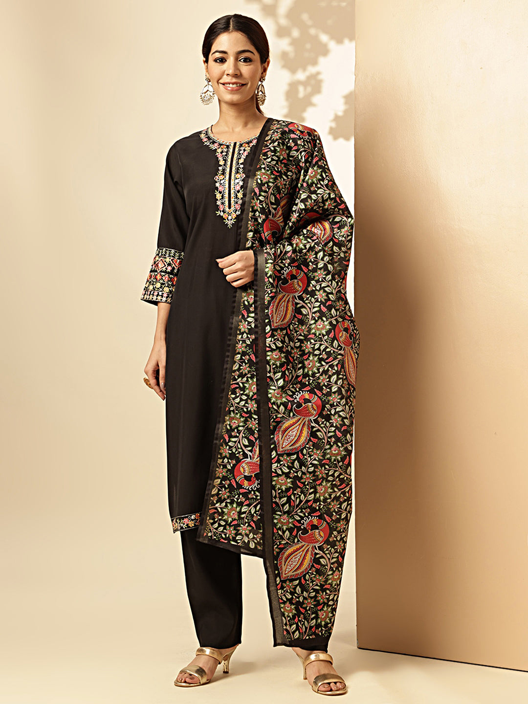 Black Solid With Embroidered Straight Roman Silk Stitched Kurta set