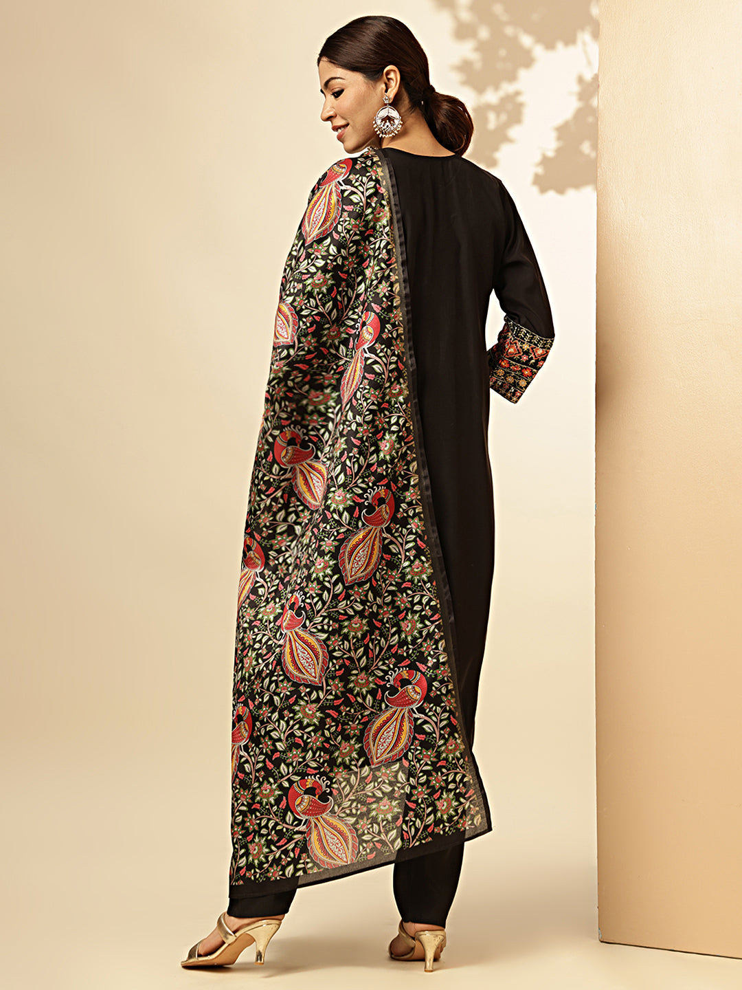 Black Solid With Embroidered Straight Roman Silk Stitched Kurta set