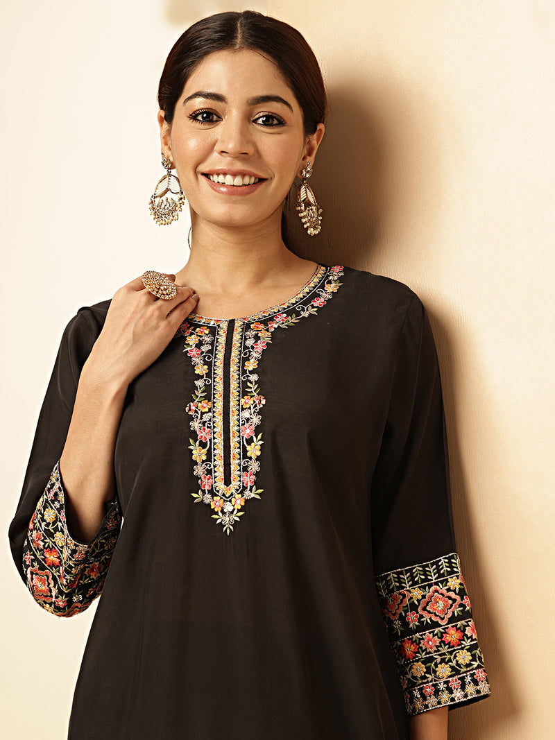 Black Solid With Embroidered Straight Roman Silk Stitched Kurta set