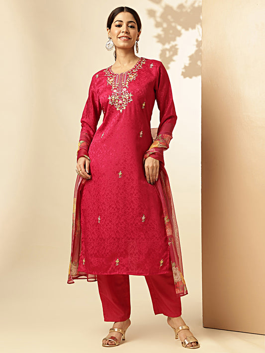 Pink Woven Work Straight Chiffon Jacquard Stitched Kurta Set