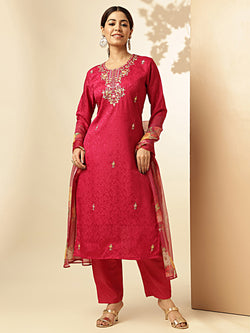 Pink Woven Work Straight Chiffon Jacquard Stitched Kurta Set