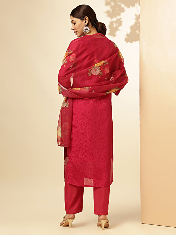 Woven Work With Embroidery Straight Chiffon Jacquard Pink Stiched Kurta Pant With Dupatta 