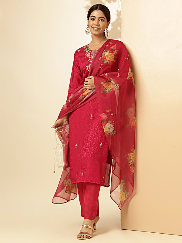 Woven Work With Embroidery Straight Chiffon Jacquard Pink Stiched Kurta Pant With Dupatta 