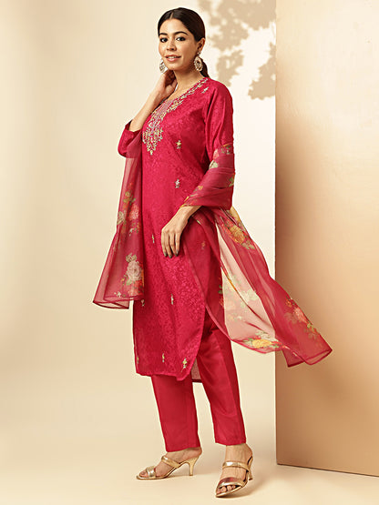 Pink Woven Work Straight Chiffon Jacquard Stitched Kurta Set