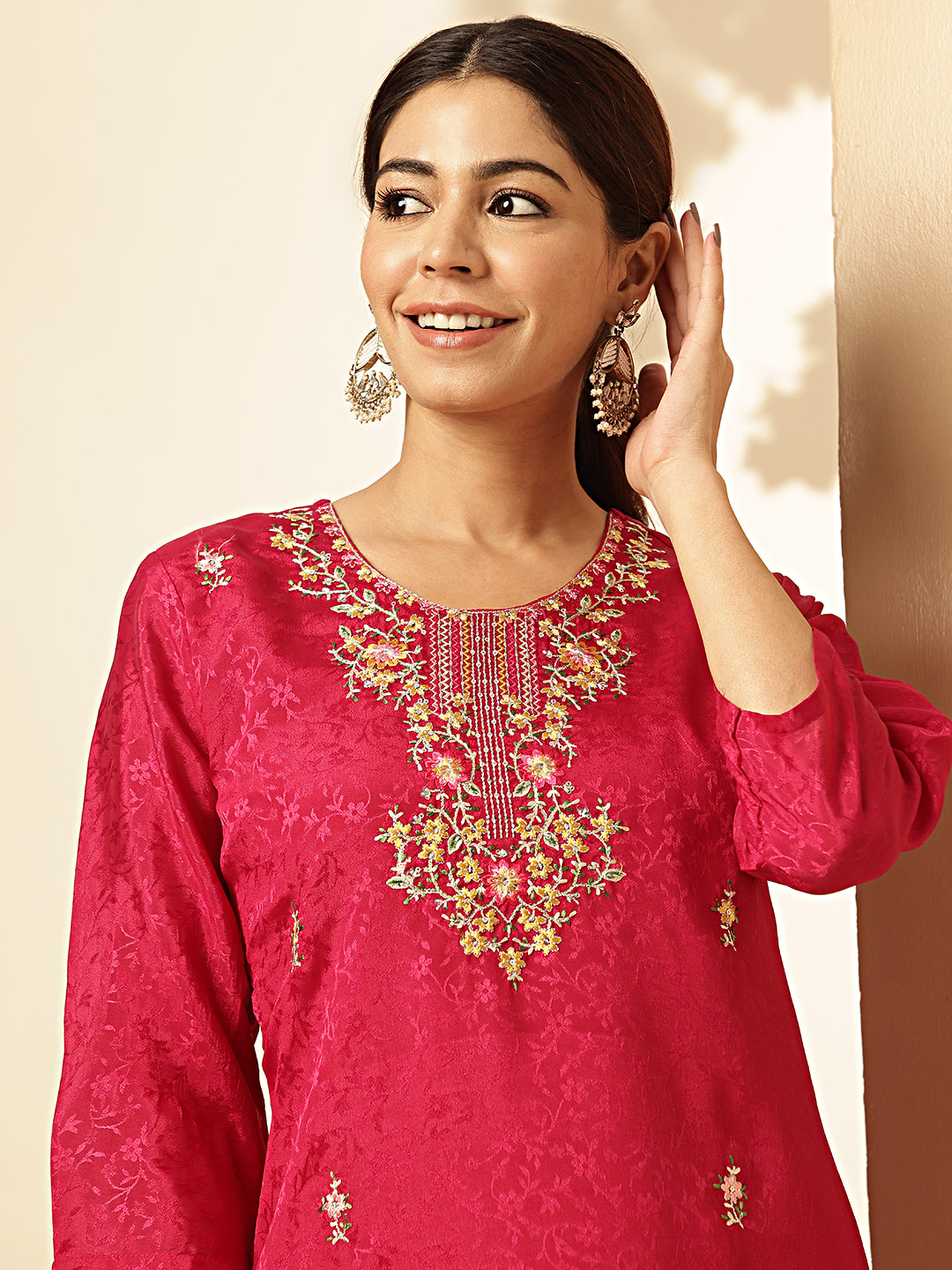 Pink Woven Work Straight Chiffon Jacquard Stitched Kurta Set