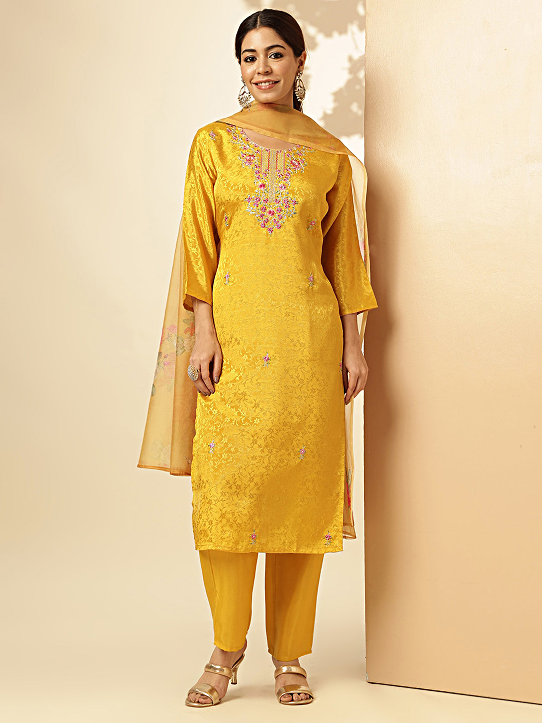 Mustard Woven Work Straight Chiffon Jacquard Stitched Kurta Set