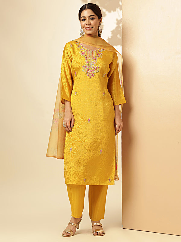 Woven Work With Embroidery Straight Chiffon Jacquard Mustard Stiched Kurta Pant With Dupatta 