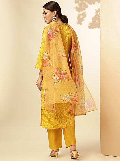 Mustard Woven Work Straight Chiffon Jacquard Stitched Kurta Set