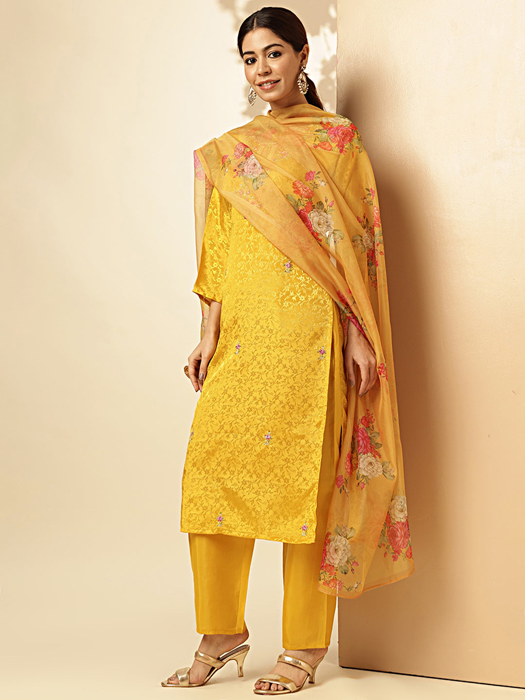 Mustard Woven Work Straight Chiffon Jacquard Stitched Kurta Set