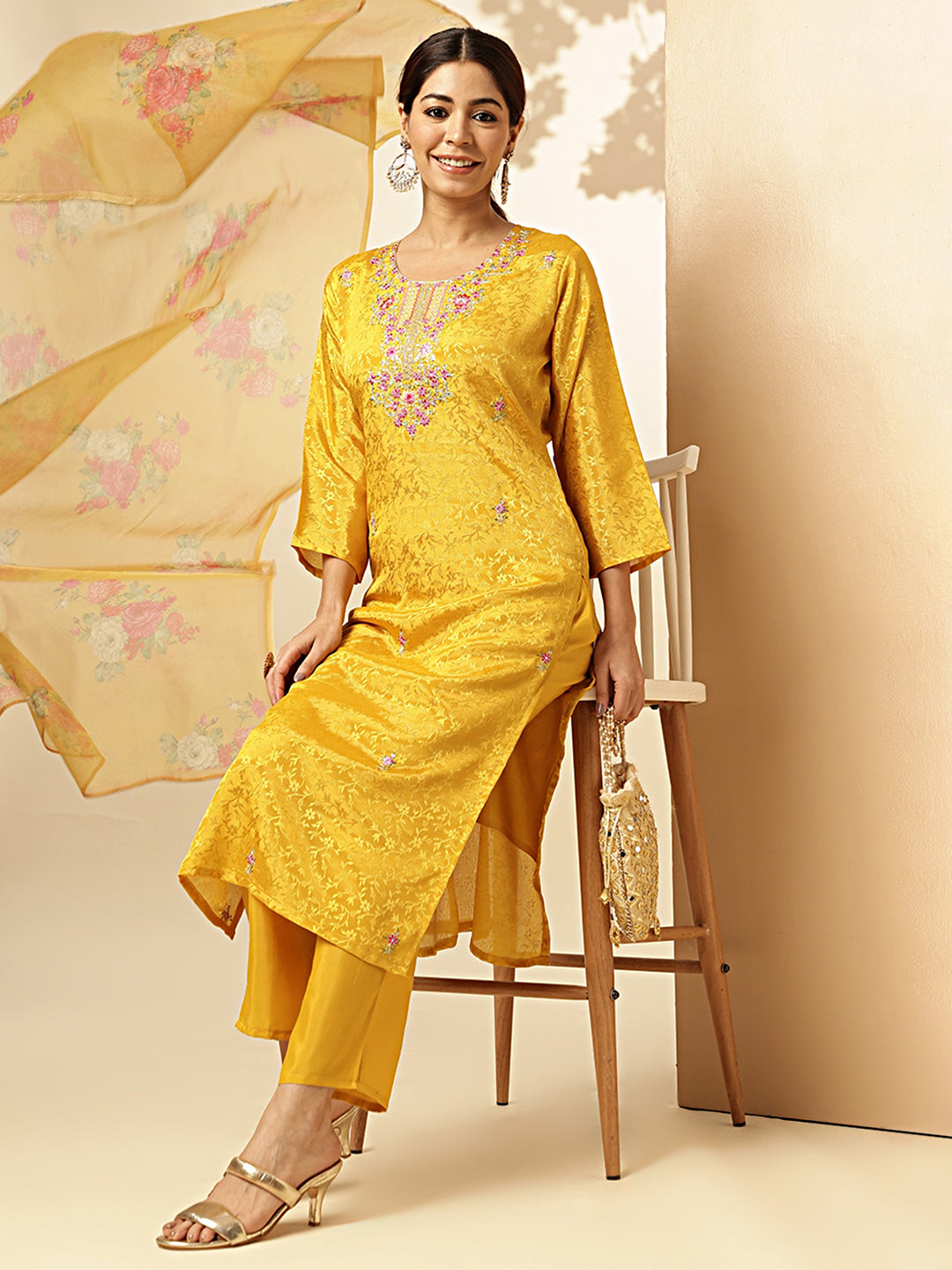 Mustard Woven Work Straight Chiffon Jacquard Stitched Kurta Set