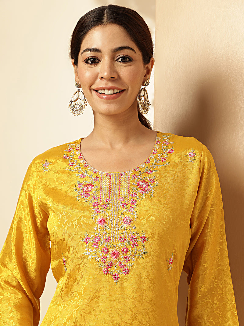 Mustard Woven Work Straight Chiffon Jacquard Stitched Kurta Set