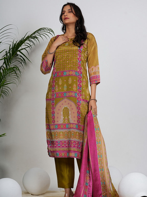 Mahendi Geomatric Print With Sequence Work Straight Chinon Set