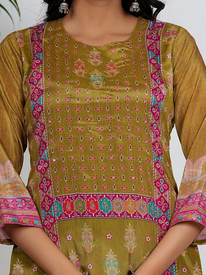 Mahendi Geomatric Print With Sequence Work Straight Chinon Set